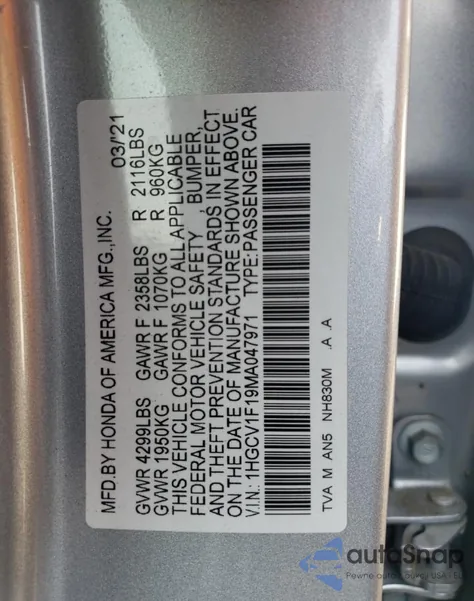 2021 Honda Accord Lx from USA, damaged, VIN 1HGCV1F19MA047971